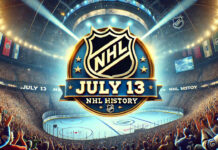 NHL logo with the words July 13 NHL history below the logo