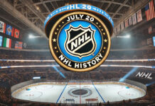 NHL Logo with the words July 20 NHL history around the logo