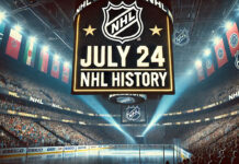 NHL logo with the words July 24 NHL history below the logo