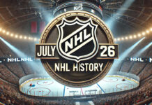 NHL logo with the words July 26 NHL history below the logo