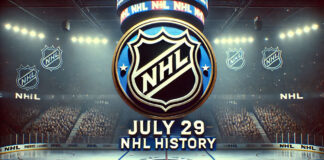 NHL logo with the words July 29 NHL history below the logo