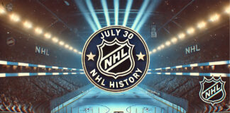 NHL logo with the words July 30 NHL history below the logo