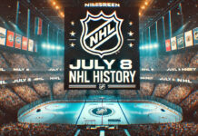 NHL logo with the words July 8 NHL history below the logo