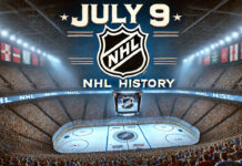 NHL logo with the words July 9 NHL history above the logo