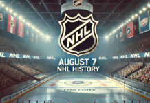 NHL logo with the words August 7 NHL history below the logo
