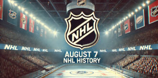 NHL logo with the words August 7 NHL history below the logo