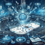 Abstract widescreen illustration of NHL No-Trade Clause in player contracts, featuring ice hockey rink, interconnected trade lines, contract documents, salary cap numbers, and team logos collage.