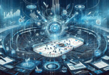 Abstract widescreen illustration of NHL No-Trade Clause in player contracts, featuring ice hockey rink, interconnected trade lines, contract documents, salary cap numbers, and team logos collage.