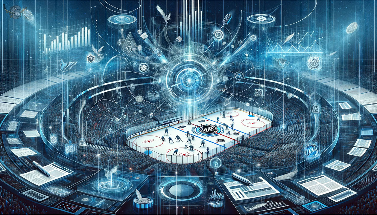 Abstract widescreen illustration of NHL No-Trade Clause in player contracts, featuring ice hockey rink, interconnected trade lines, contract documents, salary cap numbers, and team logos collage.