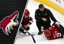 Arizona Coyotes forward Clayton Keller season is done after falling awkwardly into the the boards and injuring his knee.