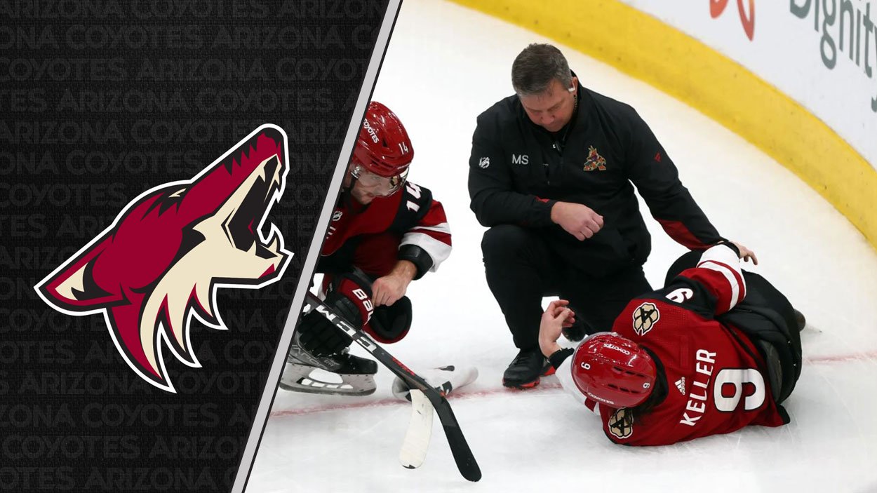 Arizona Coyotes forward Clayton Keller season is done after falling awkwardly into the the boards and injuring his knee.