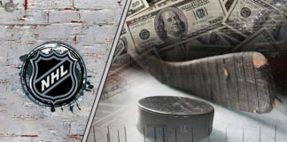 Picture of a hockey stick and a puck with money in the background.