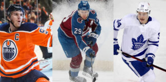 Picture of Connor McDavid, Auston Matthews, Nathan MacKinnon. Who is the highest player NHL player for 2023-24?