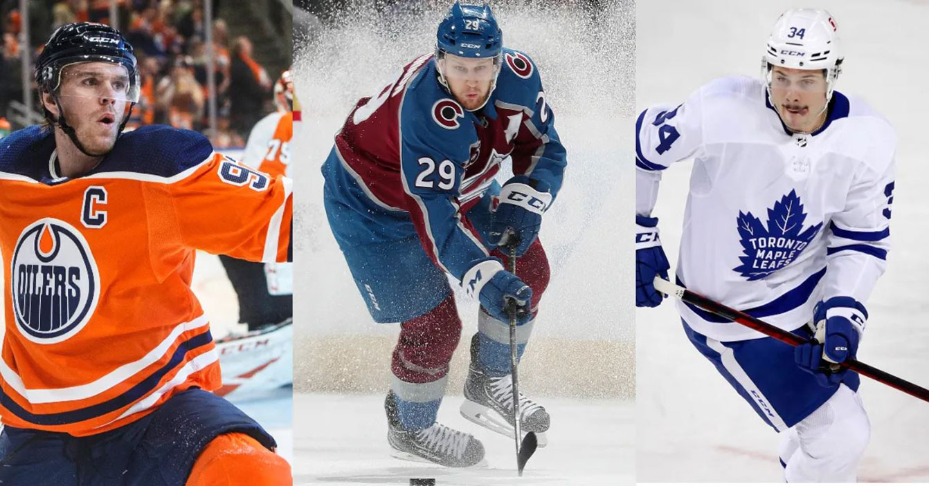 Picture of Connor McDavid, Auston Matthews, Nathan MacKinnon. Who is the highest player NHL player for 2023-24?