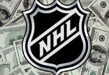 Picture of NHL logo with money in the background.