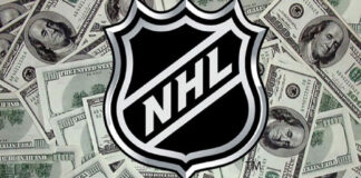 Picture of NHL logo with money in the background.