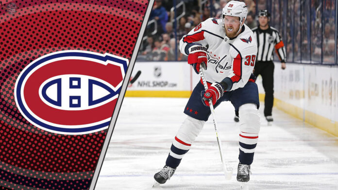 Washington Capitals and Montreal Canadiens logos side-by-side representing potential trade talks, with emphasis on key players like Anthony Mantha and possible acquisition Connor Garland.