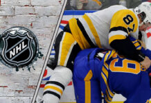 Picture of Sidney Crosby fighting Peyton Krebs.