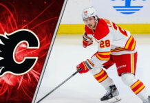 Picture of Calgary Flames forward Elias Lindholm skating with the puck.