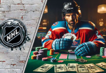 Picture of hockey player gambling on playing poker.