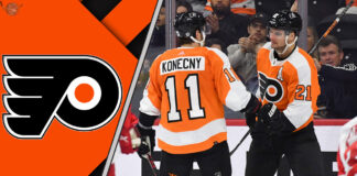 Picture of Travis Konecny and Scott Laughton celebrating a goal.