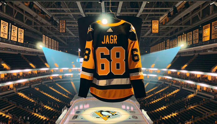 Picture of Jaromir Jagrs Penguins jersey. Pittsburgh is set to retire his No. 68 jersey.