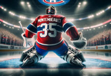 Sam Montembeault in Montreal Canadiens goalie gear, illustrating his crucial role and the decision on his future with the team or a trade possibility.