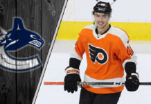 Morgan Frost Philadelphia Flyers action shot during NHL game. Will he be traded to the Vancouver Canucks?