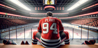 Corey Perry in Chicago Blackhawks jersey, reflecting on his healthy scratch status