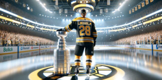 Elias Lindholm in a Boston Bruins jersey having his hand on the Stanley Cup.