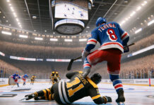 Jacob Trouba on ice during a New York Rangers NHL game slashing Trent Frederic