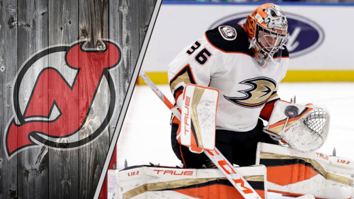 John Gibson in action, a potential goaltending solution for the New Jersey Devils