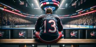 Johnny Gaudreau in Columbus Blue Jackets jersey, reflecting on his performance