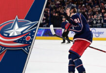 Picture of Columbus Blue Jackets Kent Johnson celebrating a goal. Will he be traded?