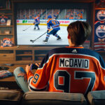 Exploring the Evolution of Hockey Video Games: A Journey from Pixels to Virtual Reality Kid playing a VR hockey game on TV in a Connor McDavid jersey