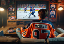 Kid playing a VR hockey game on TV in a Connor McDavid jersey