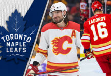 Toronto Maple Leafs potential trade targets Nikita Zadorov and Chris Tanev in NHL uniforms.