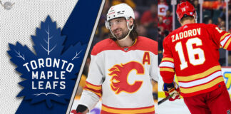 Toronto Maple Leafs potential trade targets Nikita Zadorov and Chris Tanev in NHL uniforms.