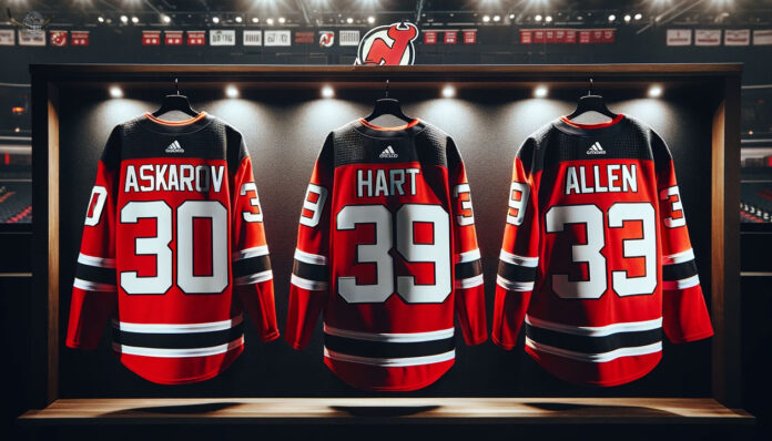 New Jersey Devils team management in discussion, strategizing over potential goaltender trade options