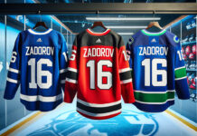 Picture of Nikita Zadorov jerseys for the Toronto Maple Leafs, New Jersey Devils and Vancouver Canucks.