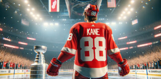 Patrick Kane in Detroit Red Wings jersey, celebrating his new signing with the team.