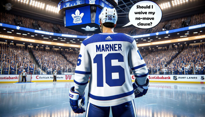 Mitch Marner in Toronto Maple Leafs jersey, speculation over potential trade in the upcoming season