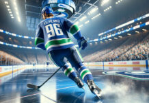 Picture of Andrei Kuzmenko skating at center ice at the Vancouver Canucks home arena.