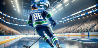 Picture of Andrei Kuzmenko skating at center ice at the Vancouver Canucks home arena.