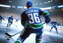 Andrei Kuzmenko in action, highlighting his skills amidst trade rumors in the NHL