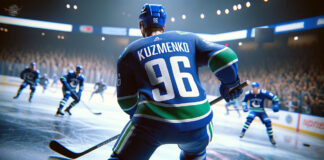 Andrei Kuzmenko in action, highlighting his skills amidst trade rumors in the NHL