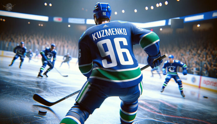 Andrei Kuzmenko in action, highlighting his skills amidst trade rumors in the NHL