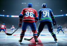 Vancouver Canucks and Montreal Canadiens players in a heated NHL game