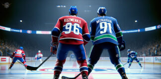 Vancouver Canucks and Montreal Canadiens players in a heated NHL game