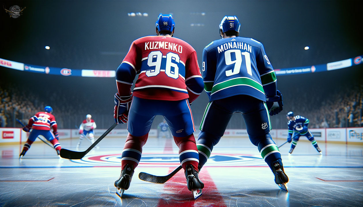 Vancouver Canucks and Montreal Canadiens players in a heated NHL game